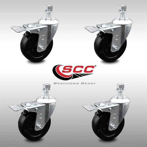 4 Inch SS Soft Rubber Swivel 12mm Threaded Stem Caster Set Total Lock Brake